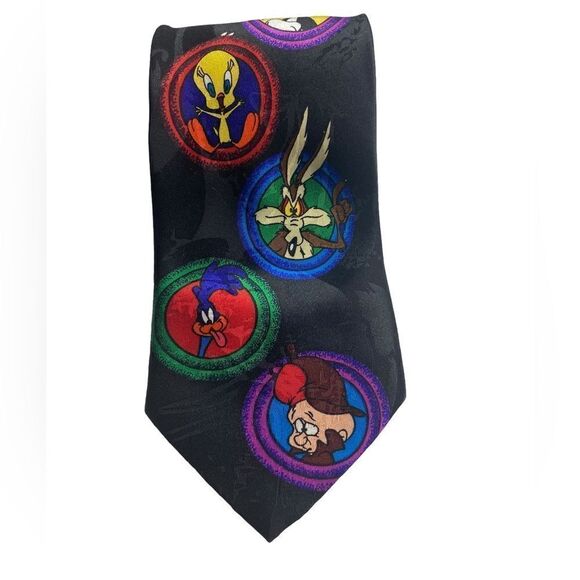 Looney Tunes Mania 1993 Black Character Neck Tie Martian Elmer Fudd Tasmanian - Picture 2 of 8